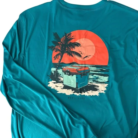 Reel Life Jax Beach UPF50 Tee Mens Large Teal Long Sleeve Graphic Performance - Picture 15 of 16
